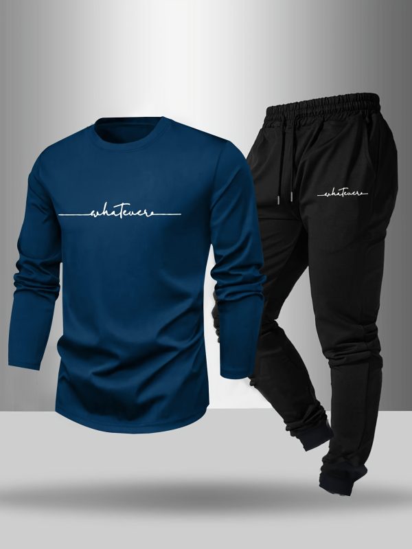 men's long sleeve t shirt and pants set, letter print round neck long sleeve tee + drawstring casual sport pants 2pcs set, spring autumn outdoor leisure suit