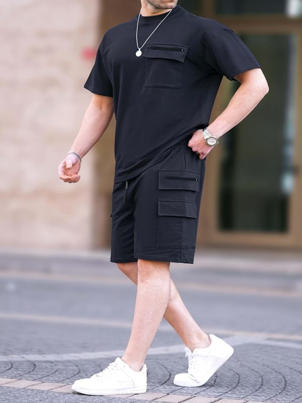 men's multi pocket cargo short sleeved t shirt shorts casual set comfortable, casual and breathable