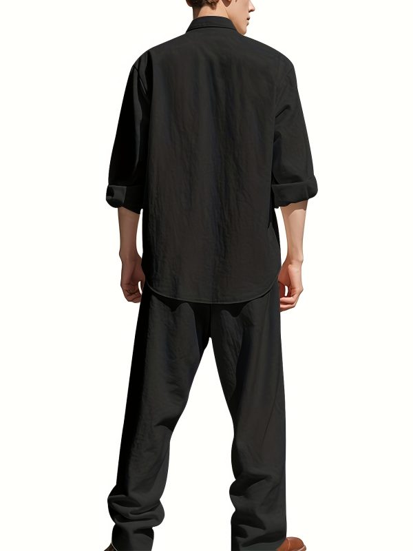 spring and autumn men's long sleeved stand up collar breathable casual pocket shirt fashionable sporty drawstring long pants set