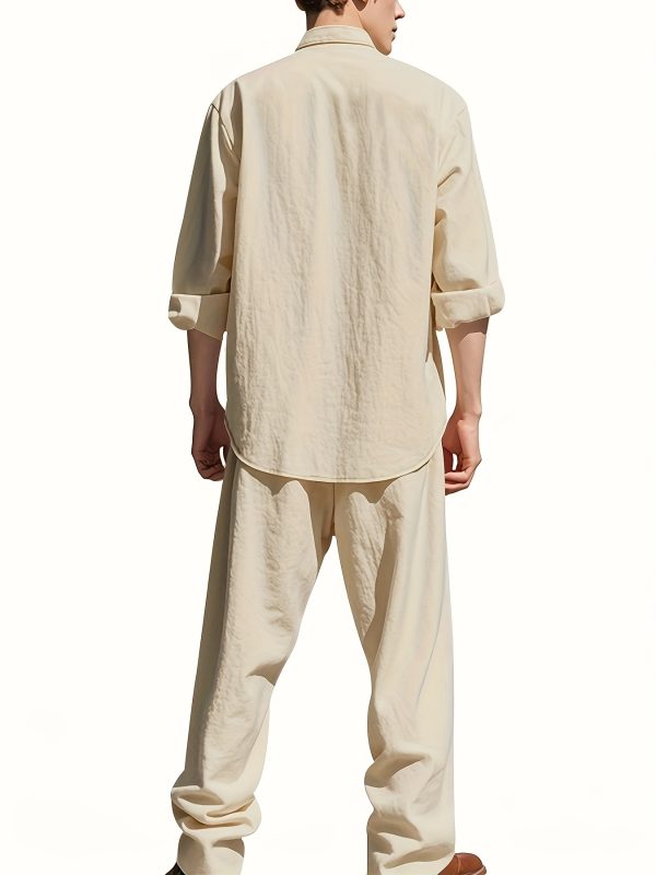 spring and autumn men's long sleeved stand up collar breathable casual pocket shirt fashionable sporty drawstring long pants set