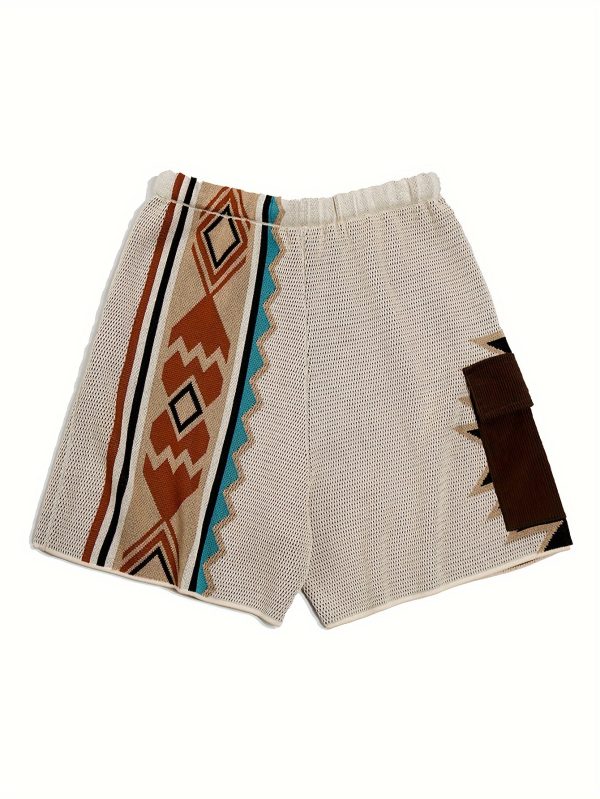 maden men's retro ethnic pattern knit shorts with drawstrings, casual trendy loose board shorts for summer vacations