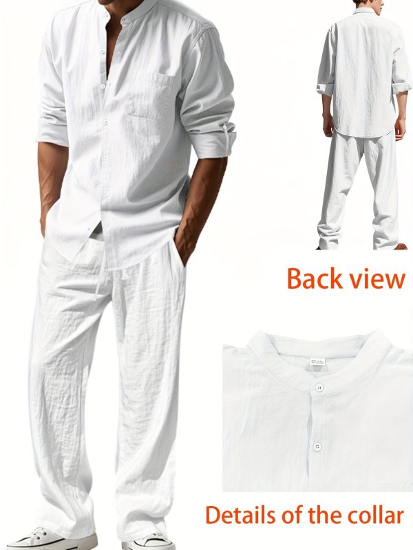 spring and autumn men's long sleeved stand up collar breathable casual pocket shirt fashionable sporty drawstring long pants set