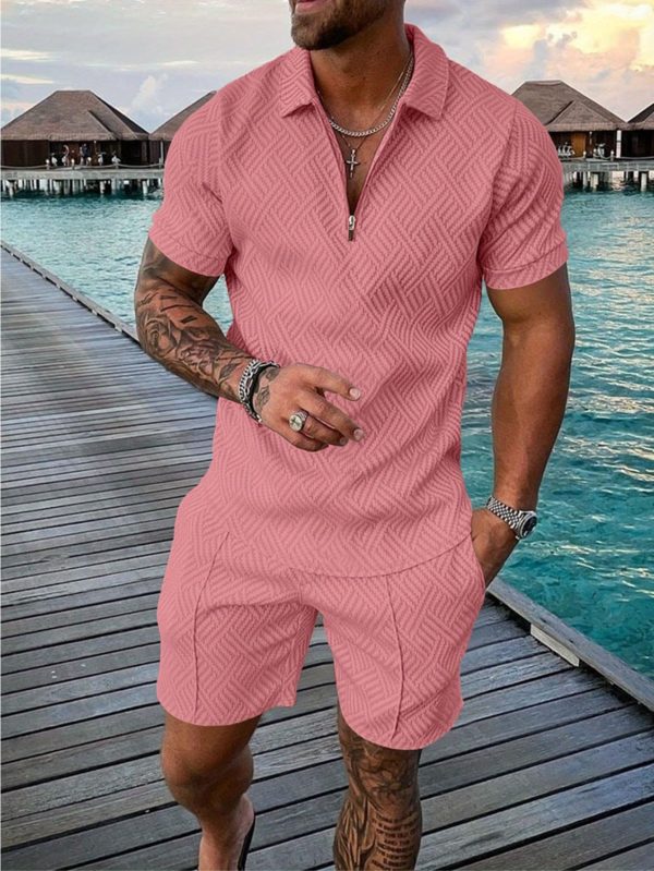 men's colorblock zip neck polo shirt with short sleeves and shorts casual and comfortable vacation set