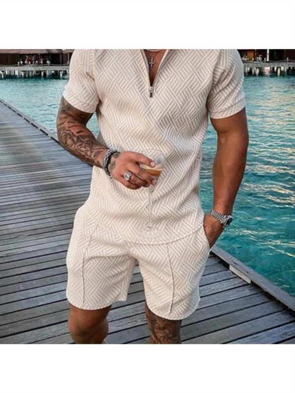 men's colorblock zip neck polo shirt with short sleeves and shorts casual and comfortable vacation set