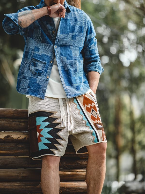 maden men's retro ethnic pattern knit shorts with drawstrings, casual trendy loose board shorts for summer vacations