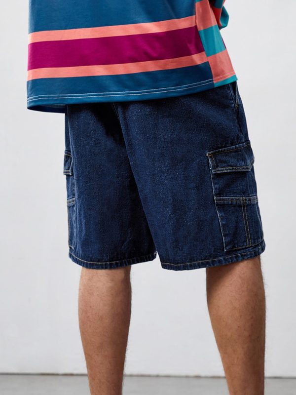 men's denim cargo shorts with zipper & button closure solid color casual summer shorts with multiple pockets, knee length regular fit, machine washable, denim shorts, casual attire