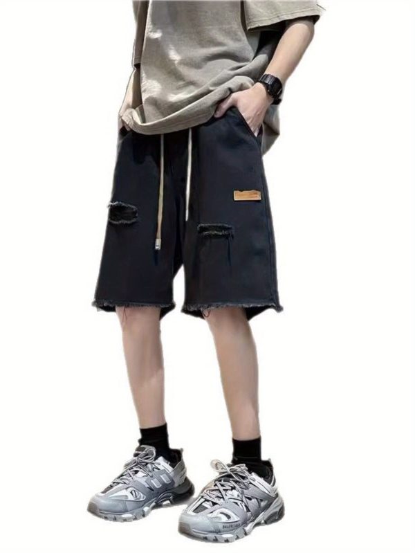 men's washed distressed denim shorts with frayed hem & drawstring waist casual loose fit summer shorts, light gray, medium stretch, pockets included, streetwear style, relaxed fit shorts | frayed hem shorts | medium stretch fabric