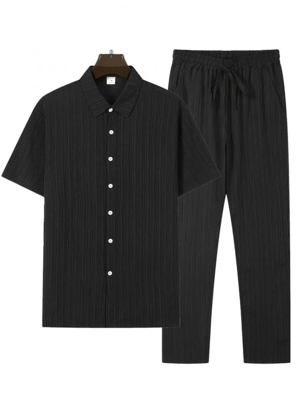 mencasual stripes short sleeve sports suit, button shirt collar and elastic waistband pants, made of polyester textile elastic fiber blend, summertwo piece set, belt detail