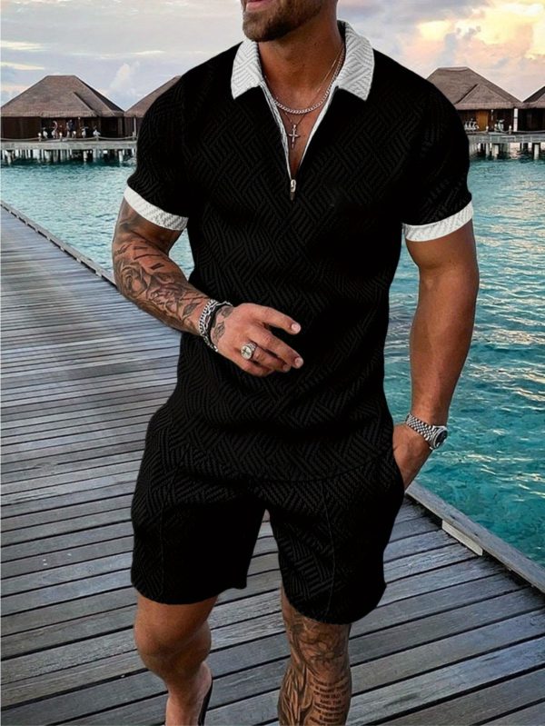 men's colorblock zip neck polo shirt with short sleeves and shorts casual and comfortable vacation set