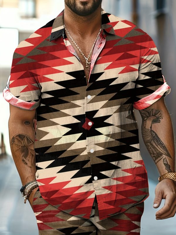 men's ethnic pattern short sleeve shirt + shorts 2pcs set | summer beach wear, vibrant, casual & stylish, machine washable, button up with lapel collar