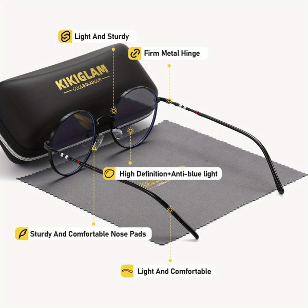 1 pair kikiglam casual round glasses, zinc alloy frame, ac lens, anti blue light, with case for daily leisure unisex fashion eyewear