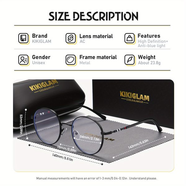 1 pair kikiglam casual round glasses, zinc alloy frame, ac lens, anti blue light, with case for daily leisure unisex fashion eyewear