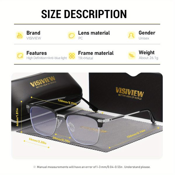 fashionable unisex full frame glasses from visiview with square lenses and anti blue light protection.