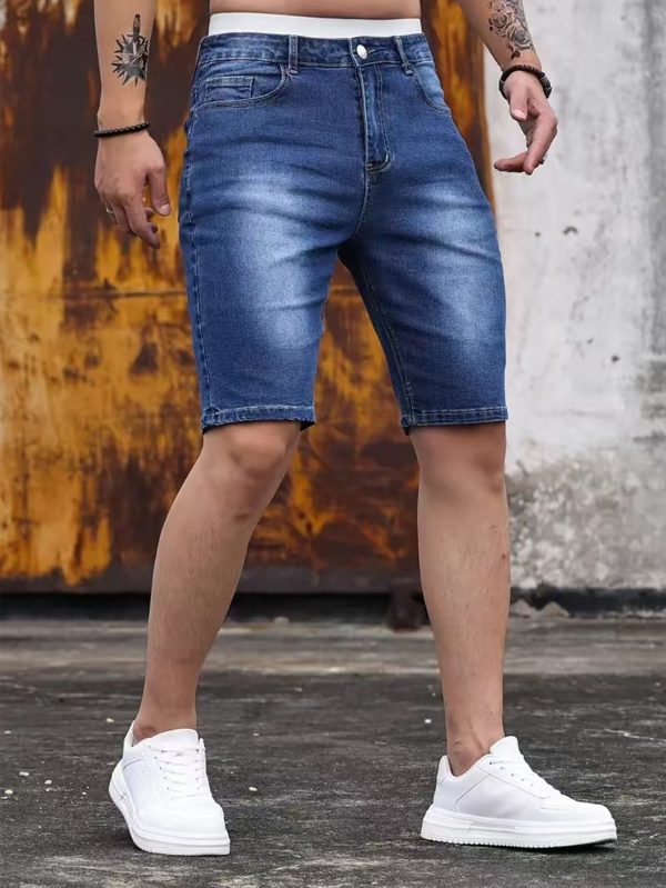 men's slim fit straight leg summer denim shorts lightweight mid length knee length dark blue denim, machine washable casual shorts for hot weather, jean shorts