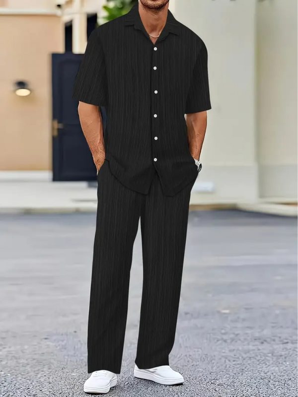 mencasual stripes short sleeve sports suit, button shirt collar and elastic waistband pants, made of polyester textile elastic fiber blend, summertwo piece set, belt detail