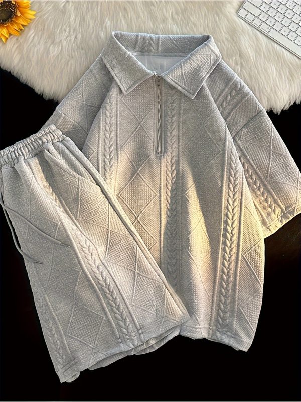 men's suit, short sleeved shirt, shorts, jacquard casual zipper fashionable summer coat two piece set
