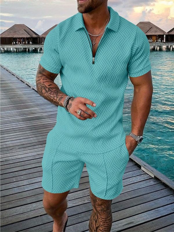 men's colorblock zip neck polo shirt with short sleeves and shorts casual and comfortable vacation set
