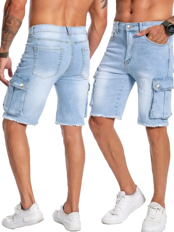 men's light blue washed frayed hem denim cargo shorts slim fit high waisted stretch mid length with multiple utility pockets, machine washable casual streetwear for spring & summer, relaxed street style, high waisted shorts