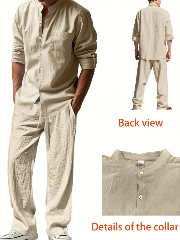 spring and autumn men's long sleeved stand up collar breathable casual pocket shirt fashionable sporty drawstring long pants set