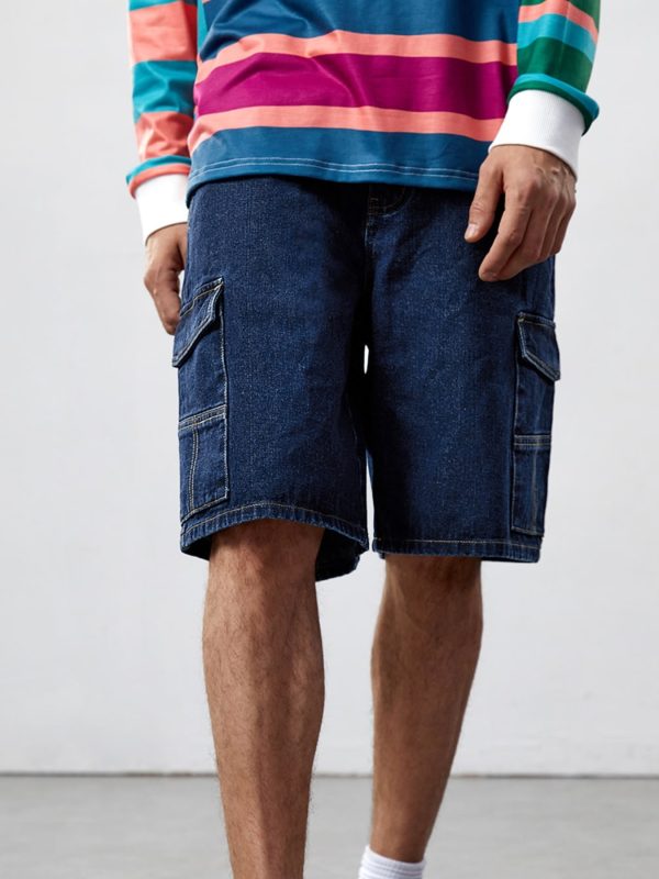 men's denim cargo shorts with a solid zipper and button closure, perfect for casual summer wear and equipped with pockets.