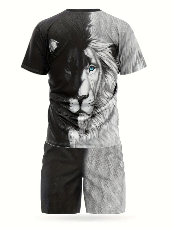 plus size men's 2 piece summer casual suit color block lion print short sleeve t shirt and track shorts set holiday lounge beach sports suit