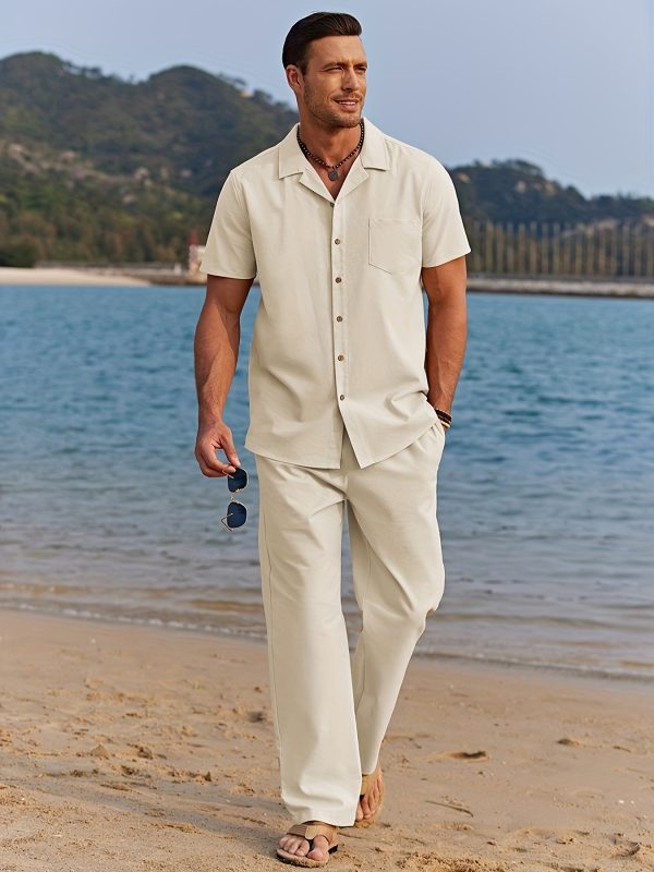 men's two piece suits, breathable short sleeved shirts and trousers, casual holiday beachwear