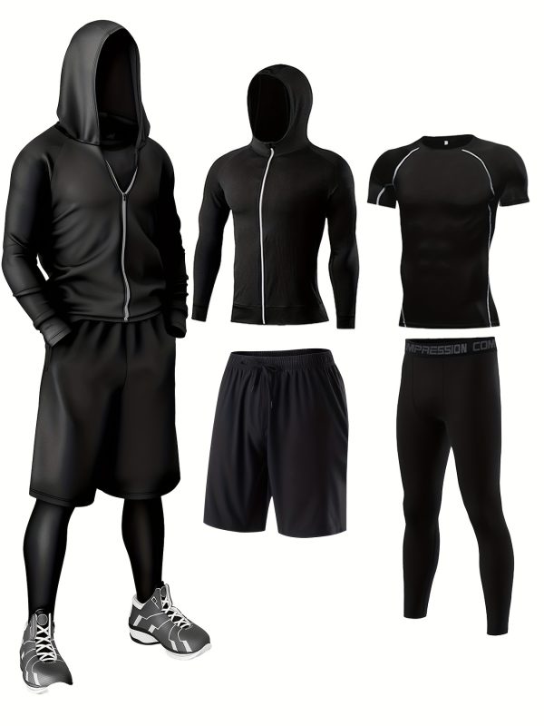 4pcs athletic sportswear set, polyester 95% elastane 5% knit fabric, all season crew neck hoodie, skinny fit solid color, breathable quick dry for running, fitness, cycling & outdoor activities