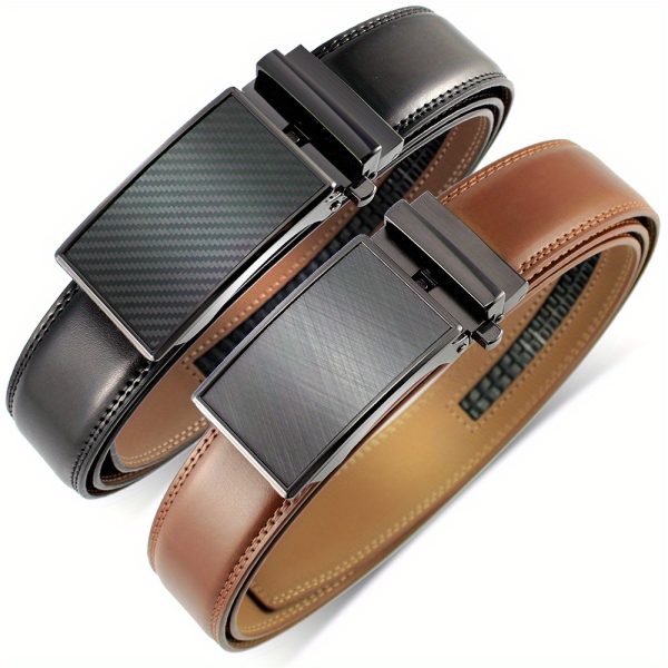3pcs men's genuine leather belts with automatic buckle adjustable length, comfort fit, 3 styles (black, brown, white) for business casual & daily wear