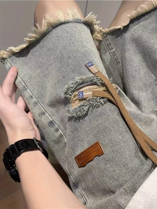 men's washed distressed denim shorts with frayed hem & drawstring waist casual loose fit summer shorts, light gray, medium stretch, pockets included, streetwear style, relaxed fit shorts | frayed hem shorts | medium stretch fabric