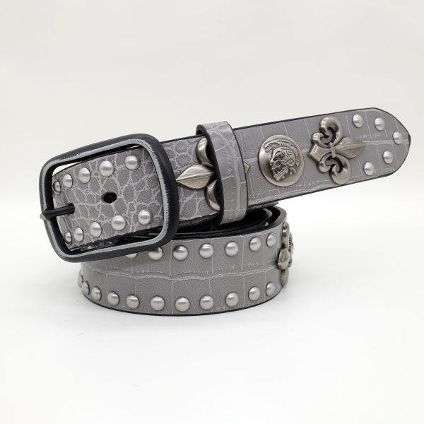 men's vintage punk gray crocodile pattern belt with rivets and floral embossing, faux leather strap with alloy buckle stylish accessory for new year's, teacher's day, back to school, graduation season