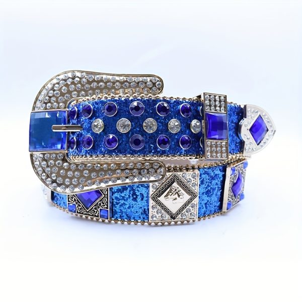 blue bling rhinestone belt unisex y2k punk style alloy buckle, large size, sequined & gemstone embellished, faux leather panels for jeans, casual attire, casual wear belt | y2k fashion belt | alloy buckle belt