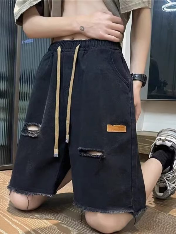 men's washed distressed denim shorts with frayed hem & drawstring waist casual loose fit summer shorts, light gray, medium stretch, pockets included, streetwear style, relaxed fit shorts | frayed hem shorts | medium stretch fabric