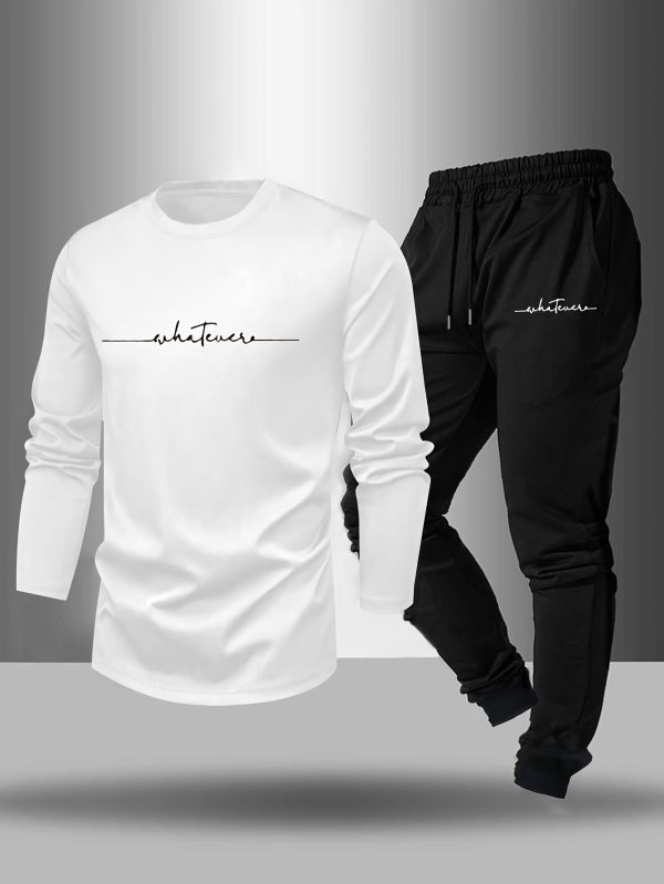 men's long sleeve t shirt and pants set, letter print round neck long sleeve tee + drawstring casual sport pants 2pcs set, spring autumn outdoor leisure suit