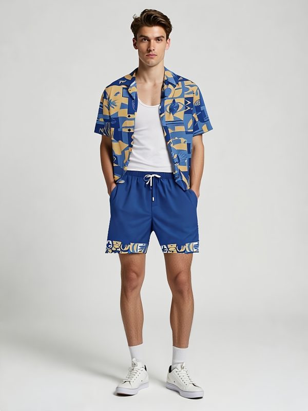 men's casual outfit consisting of a yangshao culture print short sleeved shirt and patchwork printed shorts, two piece set