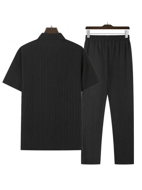 mencasual stripes short sleeve sports suit, button shirt collar and elastic waistband pants, made of polyester textile elastic fiber blend, summertwo piece set, belt detail