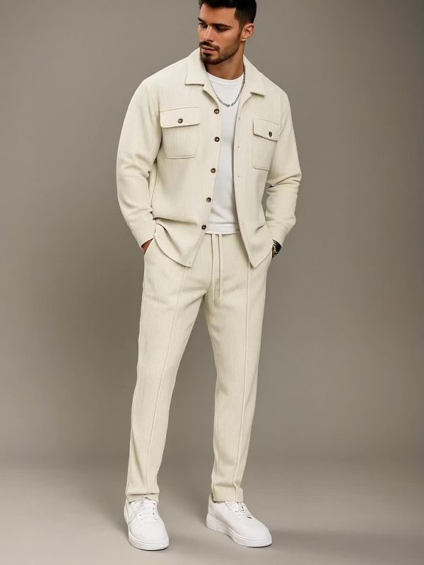 men's waffle knit two piece set pocket shirt jacket and drawstring trousers, urban smart casual outfit