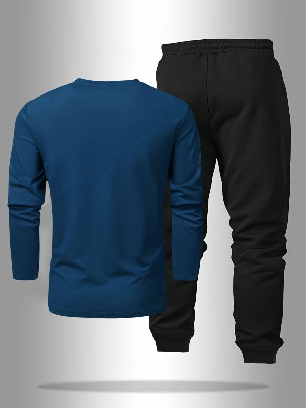 men's long sleeve t shirt and pants set, letter print round neck long sleeve tee + drawstring casual sport pants 2pcs set, spring autumn outdoor leisure suit