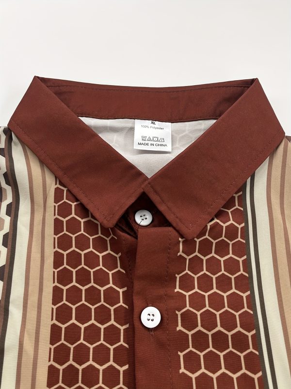 men's casual caramel geometric print short sleeve shirt & pants set stylish brown & beige pattern, comfortable non stretch polyester, all season wear with pockets, casual attire|stylish casualwear|polyester fabric