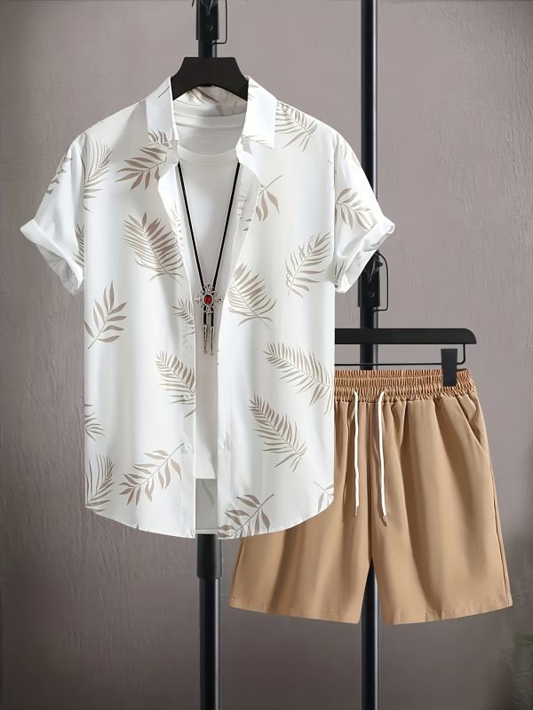 2025 men's short sleeved button shirt and drawstring shorts set with pattern prints loose fit, casual and breathable, polyester fabric, the perfect summer choice.