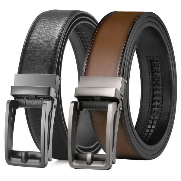 2pcs men's leather belt, slide belt with premium leather, ratchet dress belt with automatic click buckle