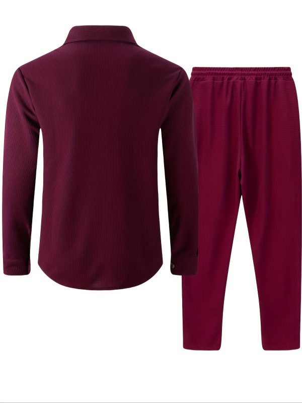 men's waffle knit two piece set pocket shirt jacket and drawstring trousers, urban smart casual outfit
