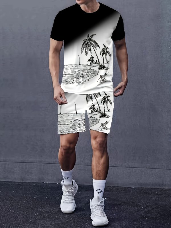 mens summer escape tropical coconut trees pattern 2 piece set lightweight casual t shirt & shorts for fun outdoor adventures
