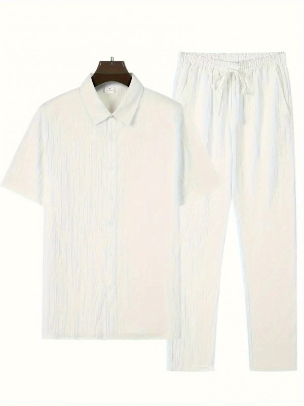 mencasual stripes short sleeve sports suit, button shirt collar and elastic waistband pants, made of polyester textile elastic fiber blend, summertwo piece set, belt detail