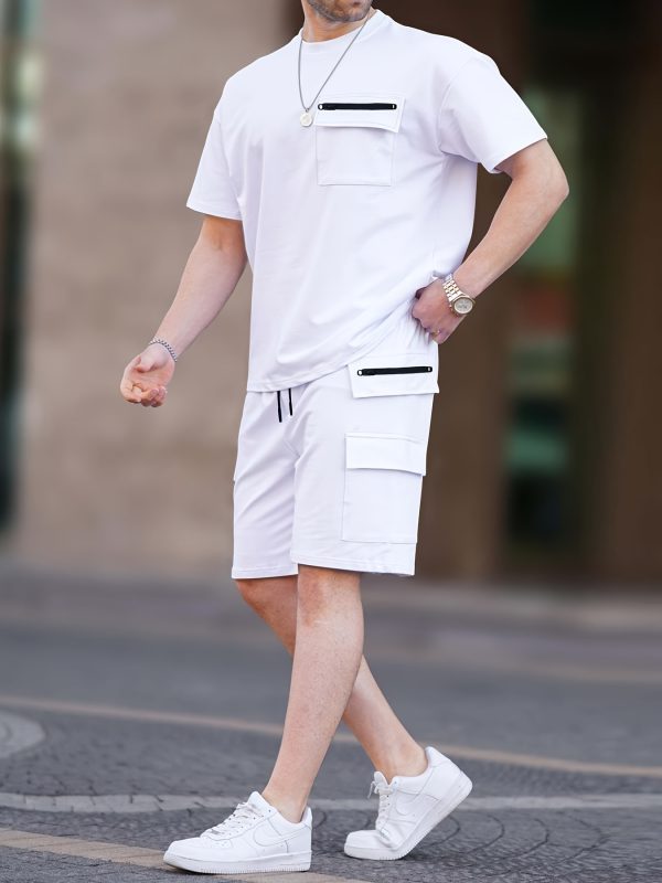 men's multi pocket cargo short sleeved t shirt shorts casual set comfortable, casual and breathable