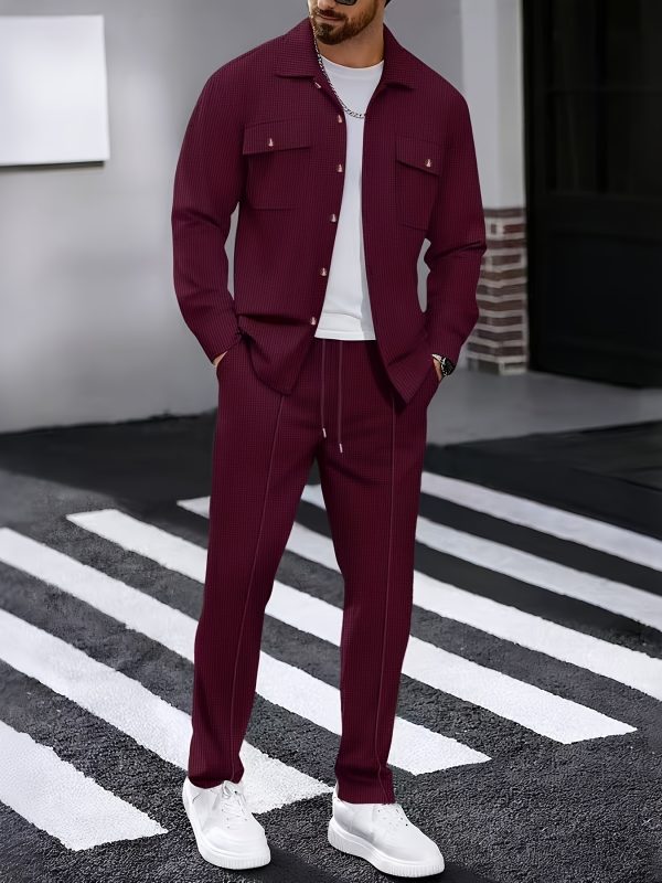 men's waffle knit two piece set pocket shirt jacket and drawstring trousers, urban smart casual outfit