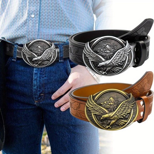 eagle style western cowboy faux leather vintage belt jeans belt role playing costume decoration men's and women's universal irregular pattern carved flower long horn cowhide belt