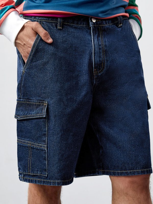 men's denim cargo shorts with zipper & button closure solid color casual summer shorts with multiple pockets, knee length regular fit, machine washable, denim shorts, casual attire