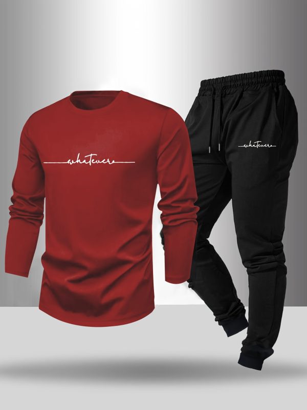 men's long sleeve t shirt and pants set, letter print round neck long sleeve tee + drawstring casual sport pants 2pcs set, spring autumn outdoor leisure suit