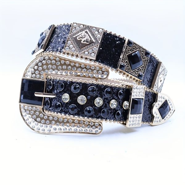 blue bling rhinestone belt unisex y2k punk style alloy buckle, large size, sequined & gemstone embellished, faux leather panels for jeans, casual attire, casual wear belt | y2k fashion belt | alloy buckle belt