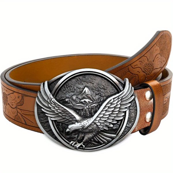 eagle style western cowboy faux leather vintage belt jeans belt role playing costume decoration men's and women's universal irregular pattern carved flower long horn cowhide belt